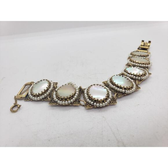Vintage Filigree Bracelet Mother of Pearl MOP & Faux Pearl Accent Ornate - Picture 9 of 13